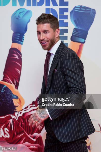 Spanish football player of Real Madrid Sergio Ramos attends the 'Hombre De Fe' premiere at Yelmo cinema on May 22, 2018 in San Sebastian de los...