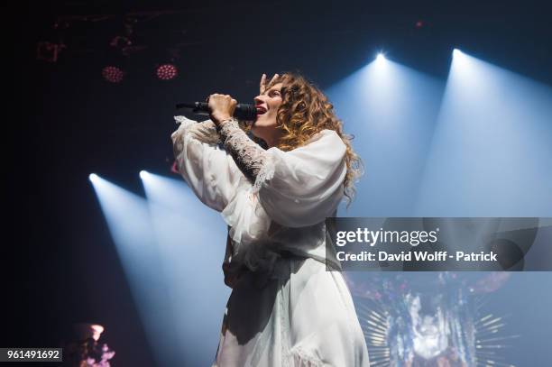 Aurelie Saada from Brigitte performs at L'Olympia on May 22, 2018 in Paris, France.