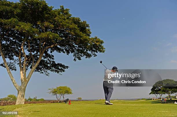 Tom Watson tees off on during the final round of the Mitsubishi Electric Championship at Hualalai held at Hualalai Golf Club on January 24, 2010 in...