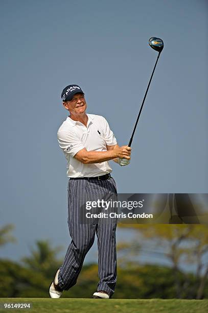 Tom Watson tees off on during the final round of the Mitsubishi Electric Championship at Hualalai held at Hualalai Golf Club on January 24, 2010 in...