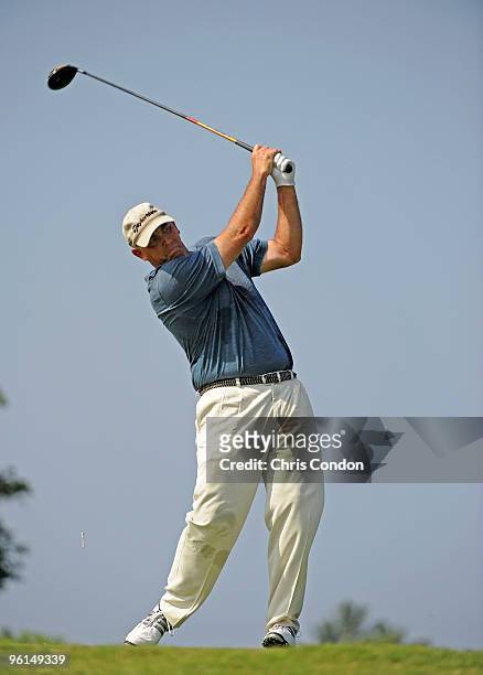 Tom Lehman tees off on during the final round of the Mitsubishi Electric Championship at Hualalai held at Hualalai Golf Club on January 24, 2010 in...