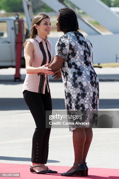 First Lady of Haiti, Martine Moise receives Queen Letizia of Spain at Toussaint Louverture airport on May 22, 2018 in Port-au-Prince, Haiti. Queen...