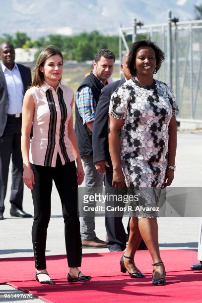 First Lady of Haiti, Martine Moise receives Queen Letizia of Spain at Toussaint Louverture airport on May 22, 2018 in Port-au-Prince, Haiti. Queen...