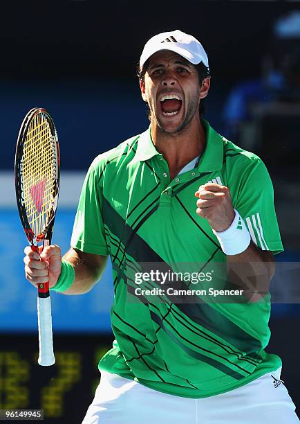 Fernando Verdasco of Spain celebrates winning the fourth set in his fourth round match against Nikolay Davydenko of Russia during day eight of the...