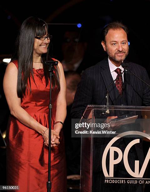 Producers Paula DuPre Pesman and Fisher Stevens speak onstage 2010 Producers Guild Awards held at Hollywood Palladium on January 24, 2010 in...