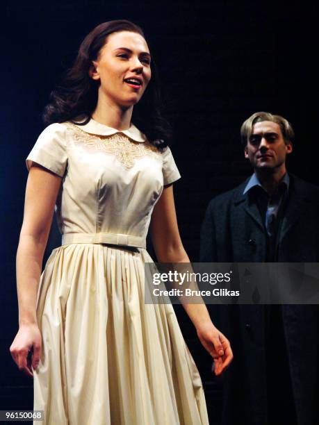 Scarlett Johansson as "Catherine" and Morgan Spector as "Rodolpho" at the opening nght curtain call for "A View From The Bridge" on Broadway at the...