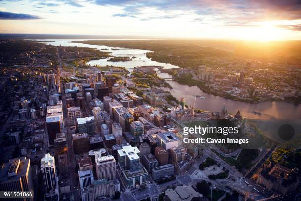 high angle view of cityscape during sunset - ottawa landscape stock pictures, royalty-free photos & images