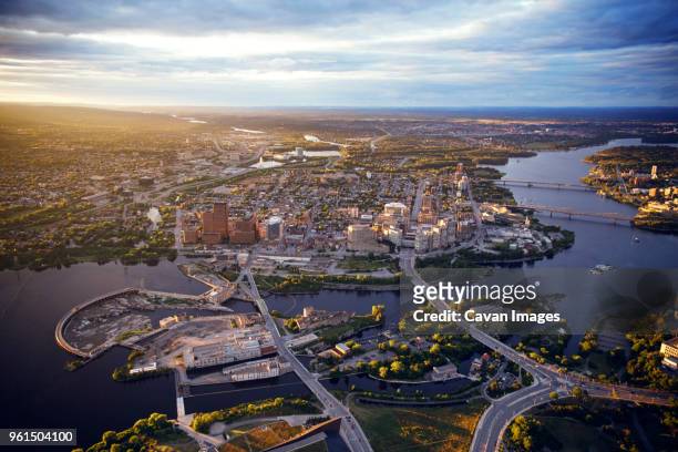aerial view of cityscape during sunset - ottawa foto e immagini stock