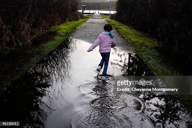 girl running through a puddle - young cheyenne stock pictures, royalty-free photos & images
