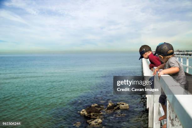 brothers looking at sea while standing on railing of pier against cloudy sky - melbourne australia stock-fotos und bilder