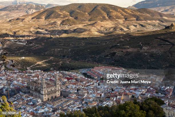 view from a mountain, from the city of jaen in andalusia. - jaén foto e immagini stock