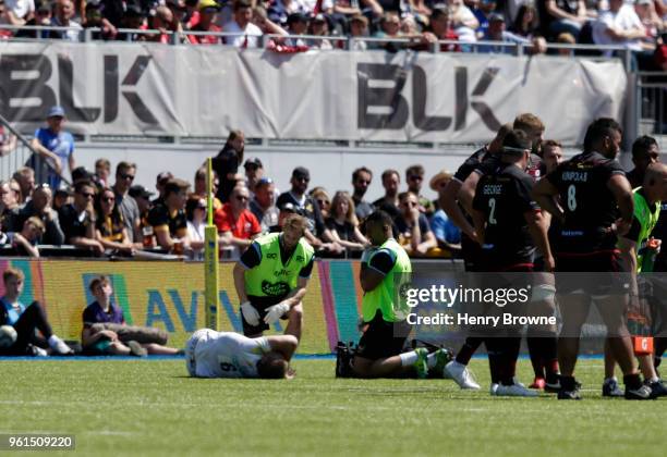 Jack Willis of Wasps gets injured during the Premiership Rugby play-off semi-final between Saracens and Wasps at Allianz Park on May 19, 2018 in...