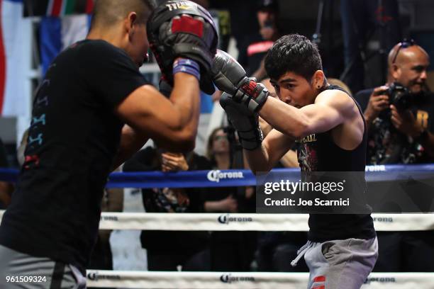 Leo Santa Cruz in action during a media workout at City of Angels Boxing Club on May 22, 2018 in Los Angeles, California.