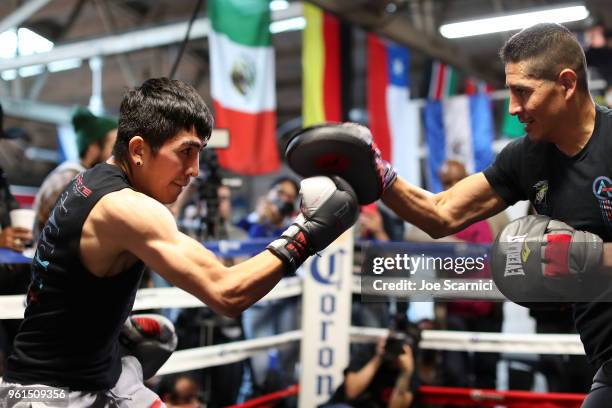 Leo Santa Cruz in action during a media workout at City of Angels Boxing Club on May 22, 2018 in Los Angeles, California.