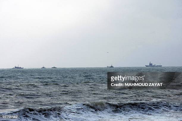 United Nations and other vessels scan the sea off the Lebanese coast south of the capital Beirut on January 25, 2010 after an Ethiopian jet carrying...