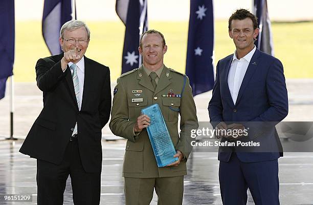 Prime Minister Kevin Rudd, Young Australian of the Year Trooper Mark Donaldson VC and Adam Gilchrist pose for photos at the Australian of the Year...