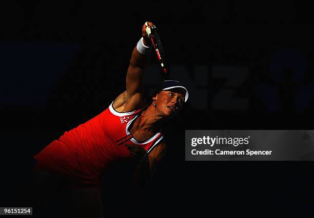 Samantha Stosur of Australia serves in her fourth round match against Serena Williams of the United States of America during day eight of the 2010...