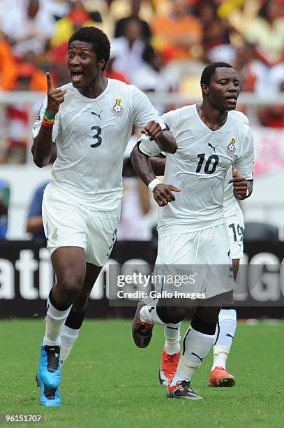 Asamoah Gyan of Ghana celebrates his goal with Kwadwo Asamoah of Ghana during the Africa Cup of Nations Quarter Final match between Angola and Ghana...