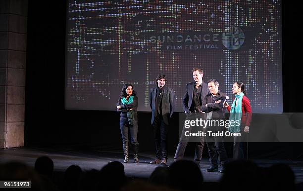 Mina Ghoraishi, Antonin Svoboda, producer Martin Gschlacht, writer Shoja Azari and director Shirin Neshat attend the "Women Without Men" during the...