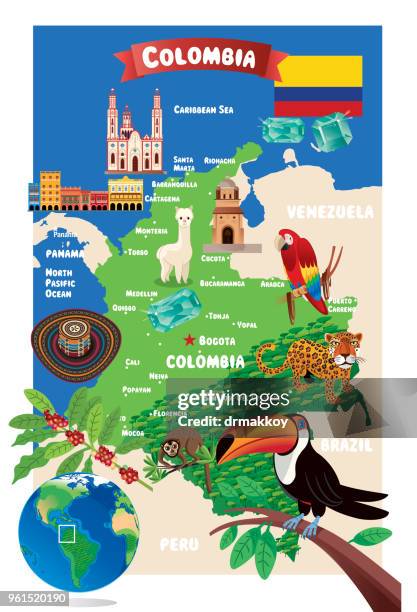 stockillustraties, clipart, cartoons en iconen met cartoon kaart van colombia - noord zuid amerika