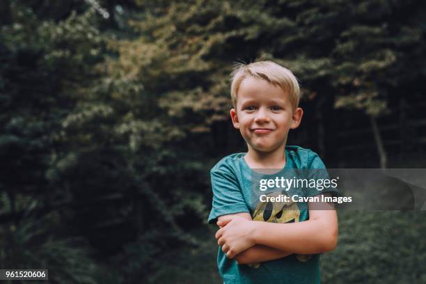 portrait of confident boy with arms crossed standing at park - arms crossed stock pictures, royalty-free photos & images