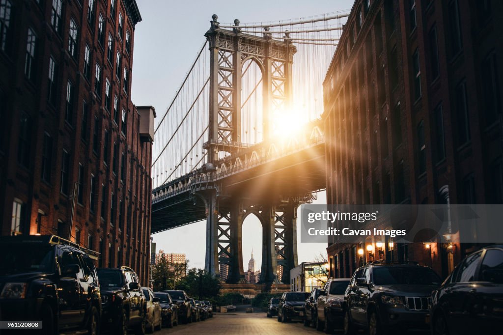 Low angle view of Manhattan Bridge against sky