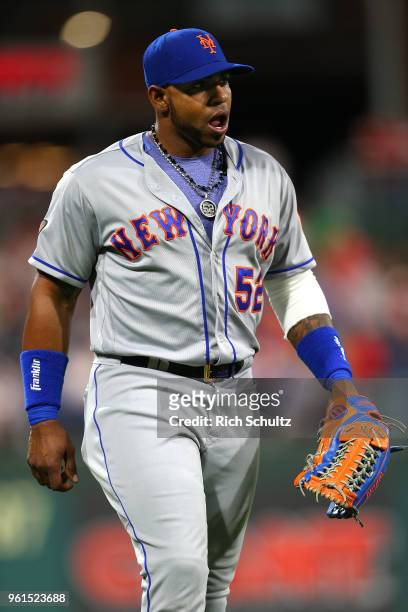 Yoenis Cespedes of the New York Mets in action against the Philadelphia Phillies during a game at Citizens Bank Park on May 11, 2018 in Philadelphia,...
