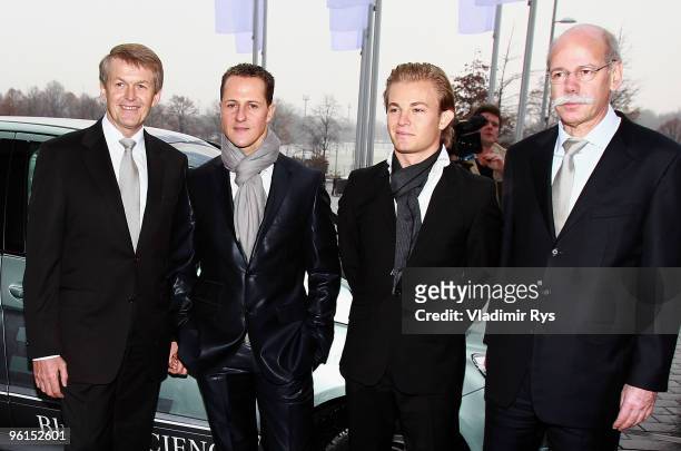 Thomas Weber, member of the Daimler AG chairman's board, Formula One Champion Michael Schumacher, Nico Rosberg and Dieter Zetsche, chairman of...