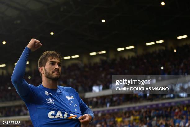 Lucas Silva of Brazil's Cruzeiro celebrates his goal against Argentina's Racing Club during their 2018 Copa Libertadores football match at Mineirao...