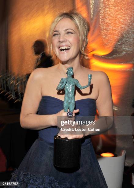 Actress Drew Barrymore attends the TNT/TBS broadcast of the 16th Annual Screen Actors Guild Awards at the Shrine Auditorium on January 23, 2010 in...