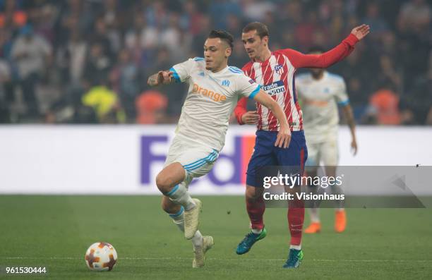 Lucas Ocampos of Marseille and Antoine Griezmann of Atletico Madrid during the UEFA Europa League Final between Olympique de Marseille and Club...