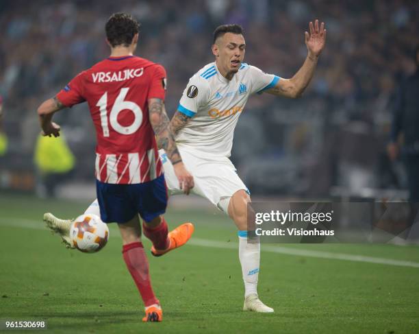 Lucas Ocampos of Marseille and Šime Vrsaljko of Atletico Madrid during the UEFA Europa League Final between Olympique de Marseille and Club Atletico...