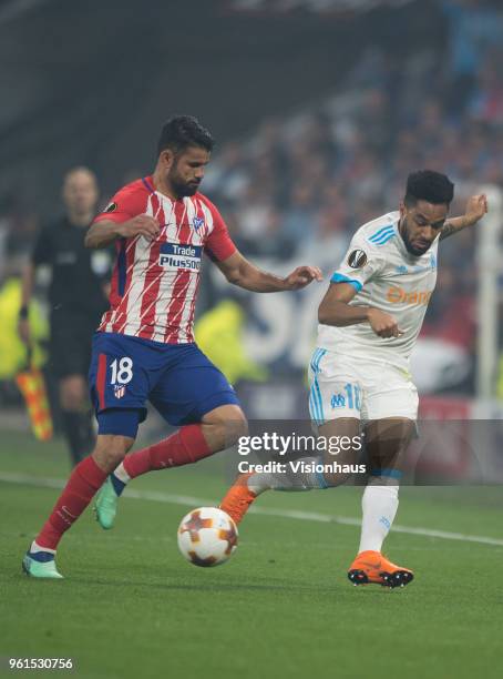 Diego Costa of Atletico Madrid and Jordan Amavi of Marseille during the UEFA Europa League Final between Olympique de Marseille and Club Atletico de...