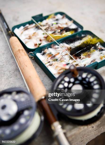 High Angle View Of Fishing Equipment On Table High-Res Stock Photo - Getty  Images