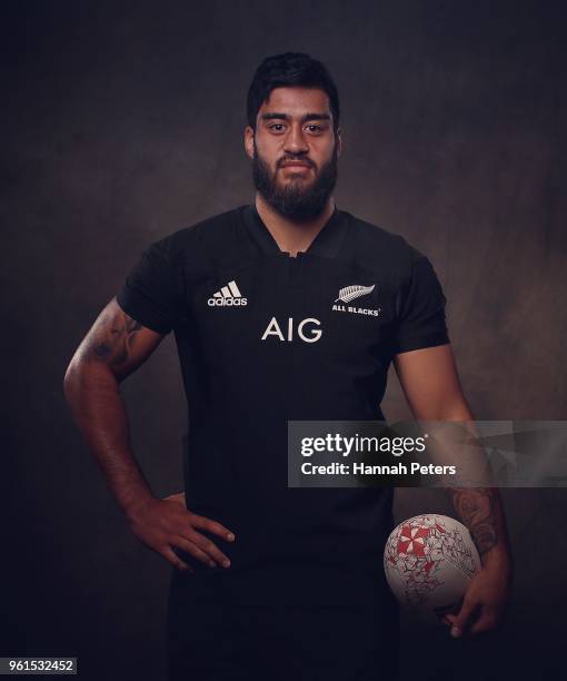 Akira Ioane poses during a New Zealand All Blacks portraits session on May 21, 2018 in Auckland, New Zealand.