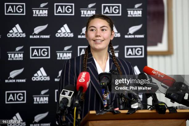 Maiakawanakaulani Roos from Tamaki College speaks durig the New Zealand Black Ferns Team Announcement at Tamaki College on May 23, 2018 in Auckland,...