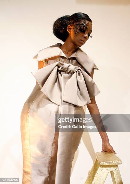 Model displays a creation by David Tlale during the Audi Fashion Week at the Sandton Convention Centre on January 21, 2010 in Johannesburg, South...