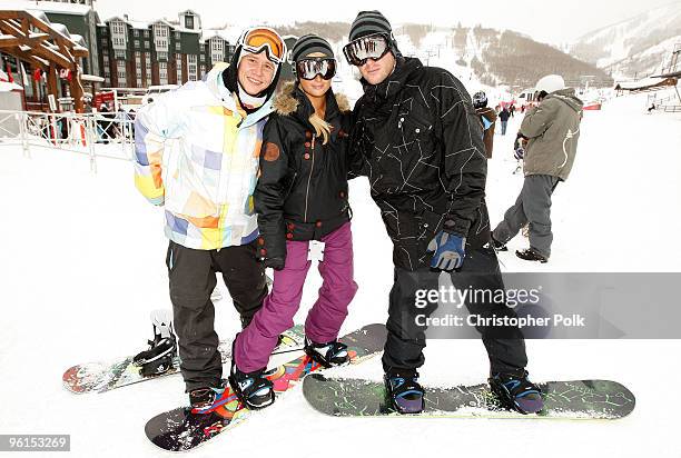 Heikki Sorsa, Paris Hilton and Doug Reinhardt attend Oakley "Learn To Ride" Snowboard fueled by Muscle Milk at Oakley Lodge on January 23, 2010 in...