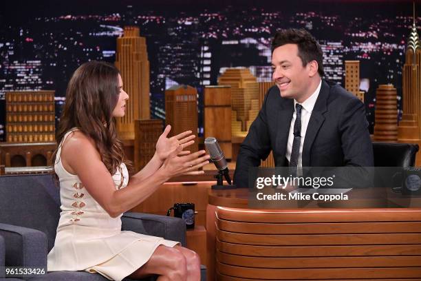 American Racing Driver Danica Patrick is interviewed by host Jimmy Fallon during her visit to "The Tonight Show Starring Jimmy Fallon" at Rockefeller...