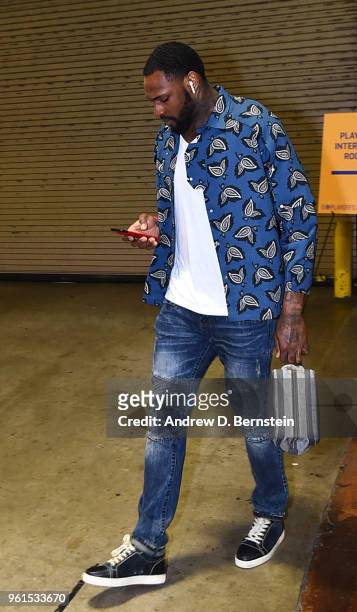 Tarik Black of the Houston Rockets arrives at the stadium before the game against the Golden State Warriors in Game Four of the Western Conference...