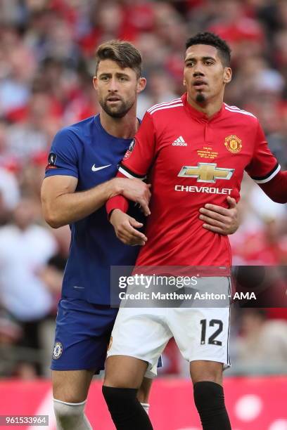 Gary Cahill of Chelsea and Chris Smalling of Manchester United during the FA Cup Final between Chelsea and Manchester United at Wembley Stadium on...