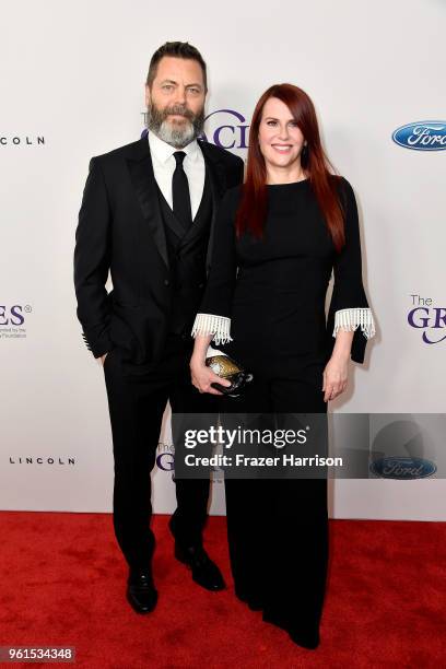Nick Offerman and Megan Mullally attend the 43rd Annual Gracie Awards at the Beverly Wilshire Four Seasons Hotel on May 22, 2018 in Beverly Hills,...