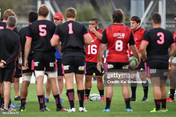 Andrew Makalio looks on during a Crusaders Super Rugby training session at Rugby Park on May 23, 2018 in Christchurch, New Zealand.