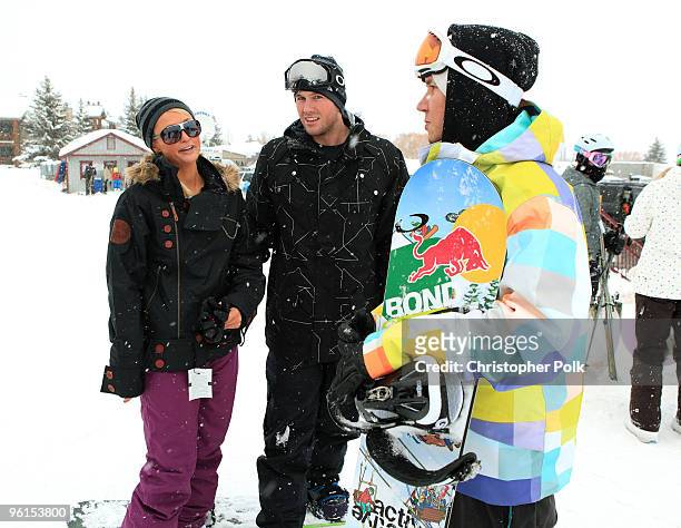 Paris Hilton, Doug Reinhardt and professional snowboarder Heikki Sorsa attend Oakley "Learn To Ride" Snowboard fueled by Muscle Milk at Oakley Lodge...