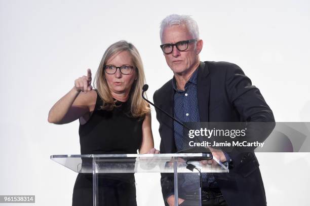 Animal Haven Director Tiffany Lacey and John Slattery speak onstage during the Animal Haven Gala 2018 at Tribeca 360 on May 22, 2018 in New York City.