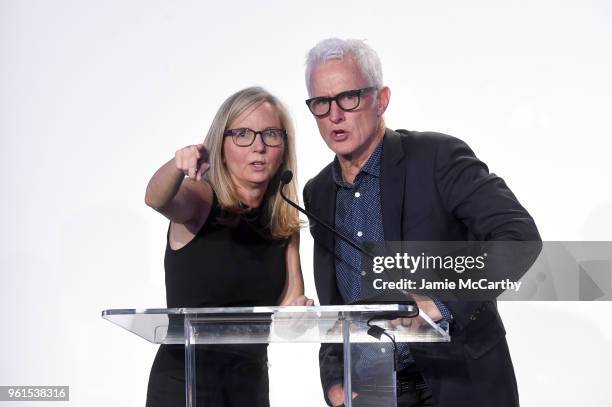 Animal Haven Director Tiffany Lacey and John Slattery speak onstage during the Animal Haven Gala 2018 at Tribeca 360 on May 22, 2018 in New York City.