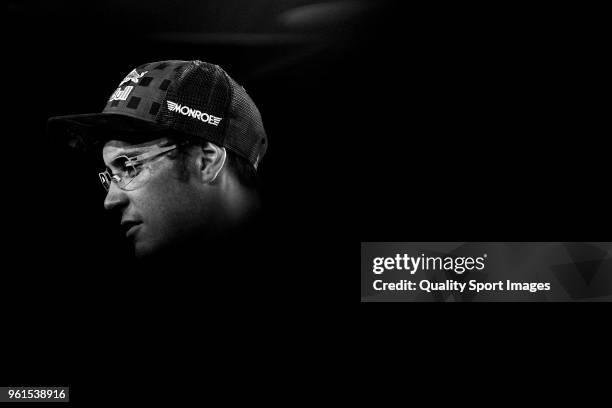 Thierry Neuville of Belgium looks on during press conference at the end of day two of World Rally Championship Portugal on May 18, 2018 in...