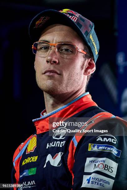 Thierry Neuville of Belgium looks on during press conference at the end of day two of World Rally Championship Portugal on May 18, 2018 in...