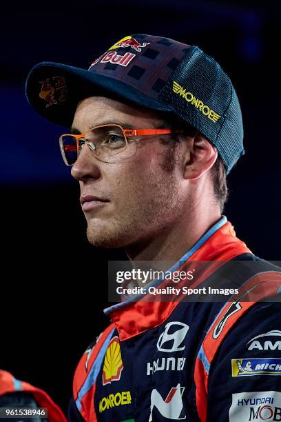 Thierry Neuville of Belgium looks on during press conference at the end of day two of World Rally Championship Portugal on May 18, 2018 in...