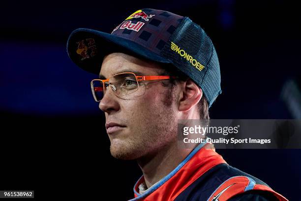 Thierry Neuville of Belgium looks on during press conference at the end of day two of World Rally Championship Portugal on May 18, 2018 in...
